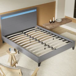 Lit 140x200 cm avec Éclairage LED Simili Gris><noscript><img width=