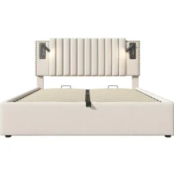 Redom Lit 160x200 cm avec coffre de rangement et tête de lit réglable en tissu beige à rivets, design contemporain* Lit Avec Rangement