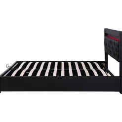 Lit 180x200 cm avec coffre de rangement, tête rembourrée et éclairage LED, tapissé PU noir><noscript><img width=