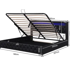 Lit 180x200 cm avec coffre de rangement, tête rembourrée et éclairage LED, tapissé PU noir><noscript><img width=