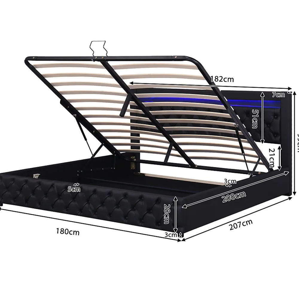 Lit 180x200 cm avec coffre de rangement, tête rembourrée et éclairage LED, tapissé PU noir>Redom New