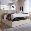 Lit 160x200 cm avec coffre de rangement hydraulique et tête de lit tapissée en lin beige, design moderne>Redom New