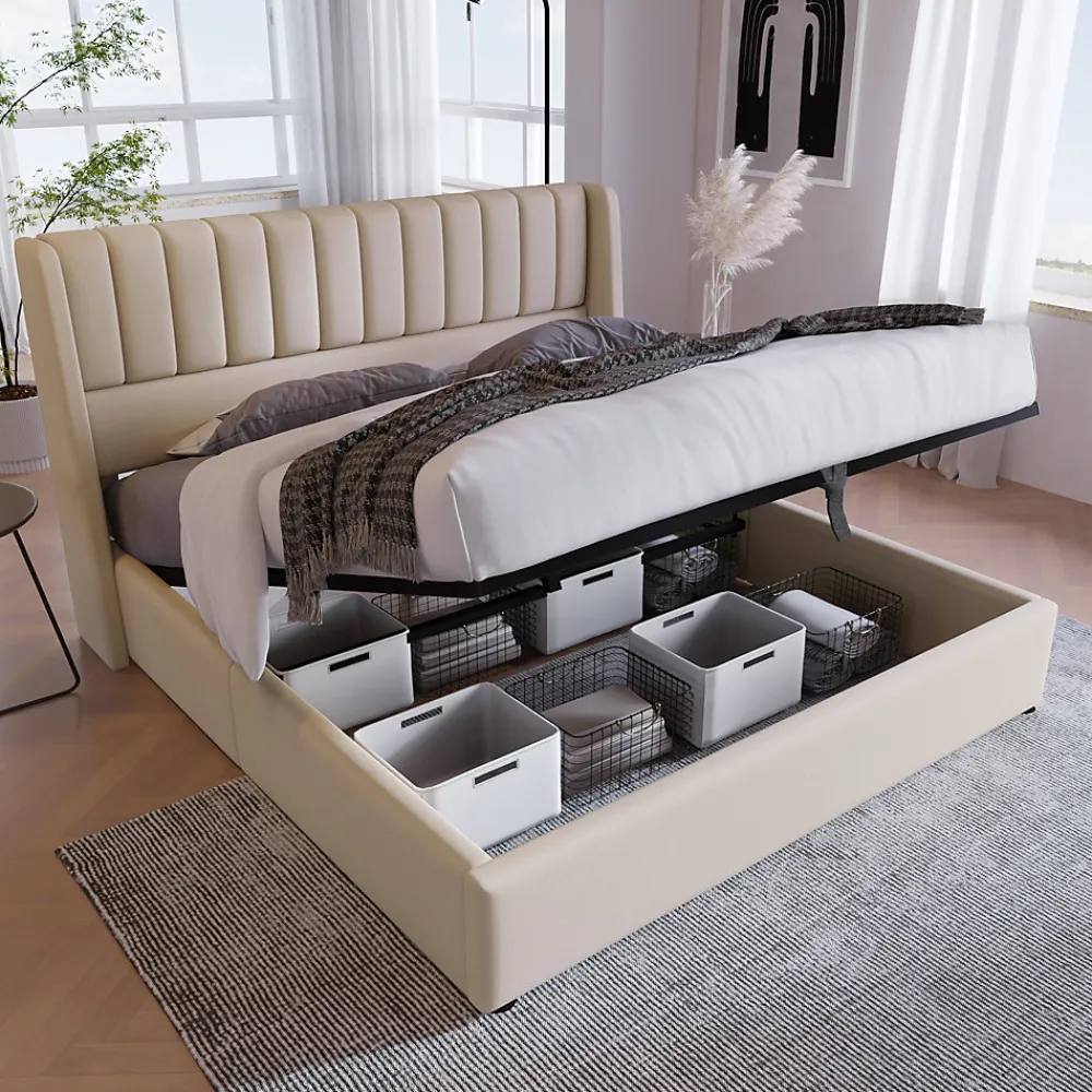 Lit 160x200 cm avec coffre de rangement hydraulique et tête de lit tapissée en lin beige, design moderne>Redom New