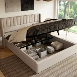 Lit 160x200 cm avec coffre de rangement hydraulique et tête de lit tapissée en lin beige, design moderne><noscript><img width=