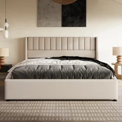 Lit 160x200 cm avec coffre de rangement hydraulique et tête de lit tapissée en lin beige, design moderne><noscript><img width=