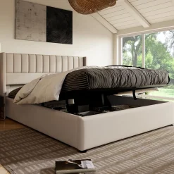 Lit 160x200 cm avec coffre de rangement hydraulique et tête de lit tapissée en lin beige, design moderne><noscript><img width=