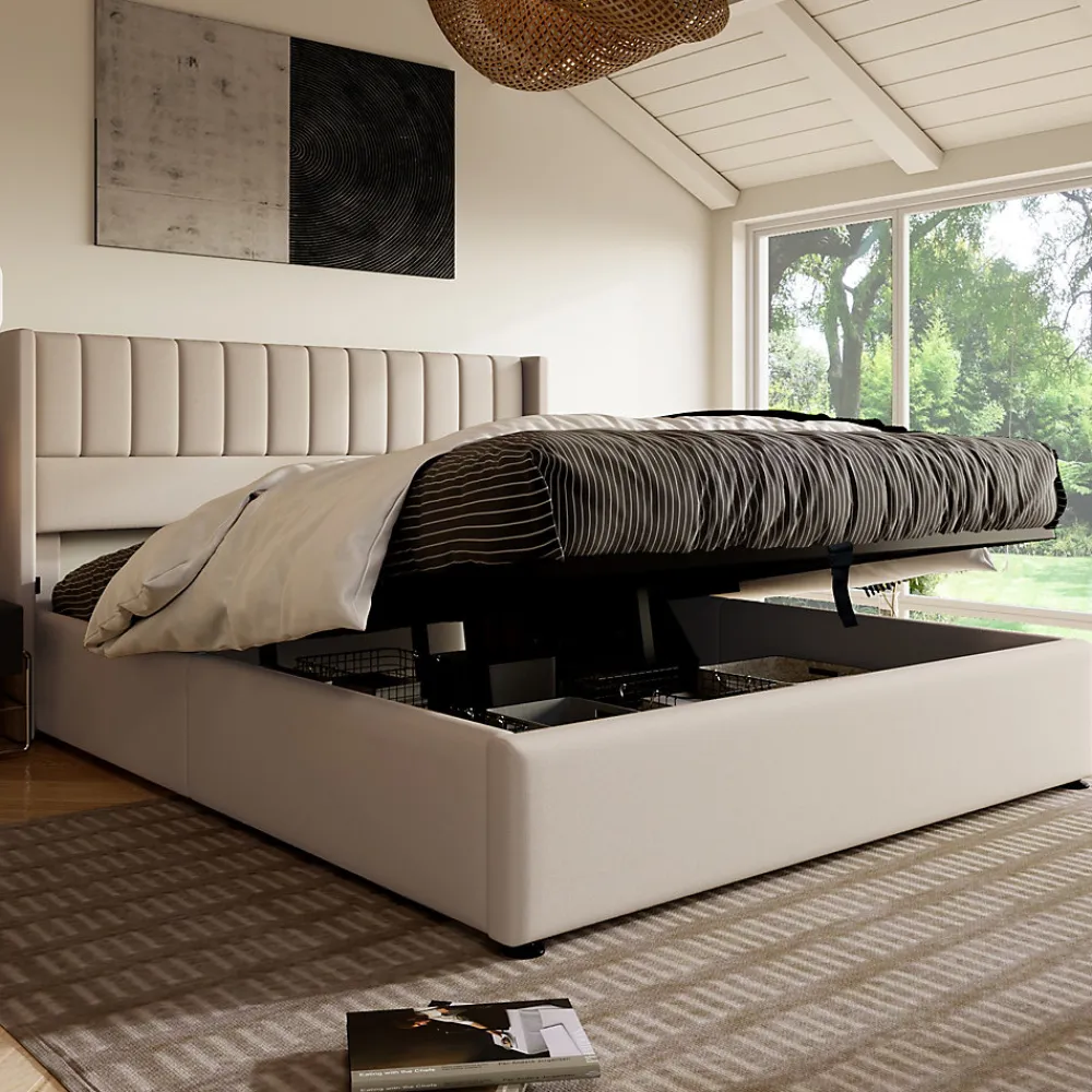 Lit 160x200 cm avec coffre de rangement hydraulique et tête de lit tapissée en lin beige, design moderne>Redom New