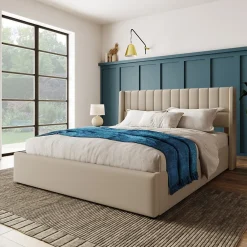 Lit 160x200 cm avec coffre de rangement hydraulique et tête de lit tapissée en lin beige, design moderne><noscript><img width=