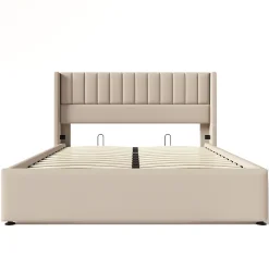 Lit 160x200 cm avec coffre de rangement hydraulique et tête de lit tapissée en lin beige, design moderne><noscript><img width=