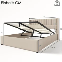 Lit 160x200 cm avec coffre de rangement hydraulique et tête de lit tapissée en lin beige, design moderne><noscript><img width=
