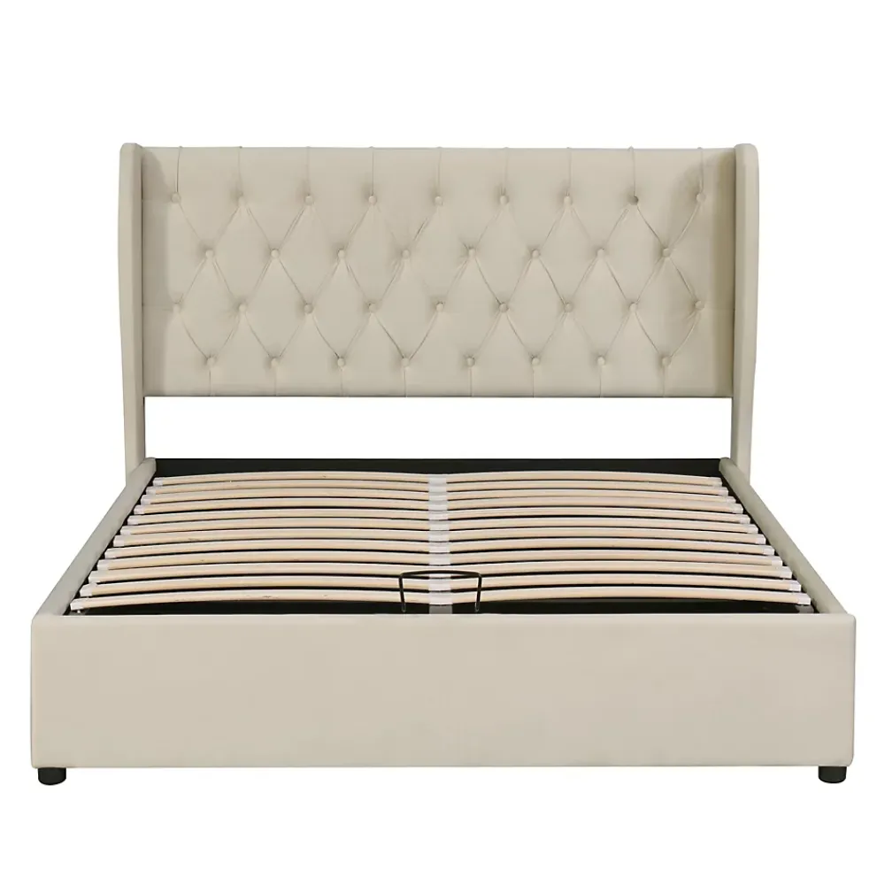 Redom Lit 140x200 cm avec coffre de rangement hydraulique et tête de lit capitonnée en velours beige* Lit Avec Rangement