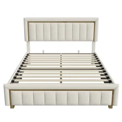 Lit 140x200 cm avec coffre de rangement, tête de lit, sommier à lattes, velours beige, pour ados et adultes><noscript><img width=