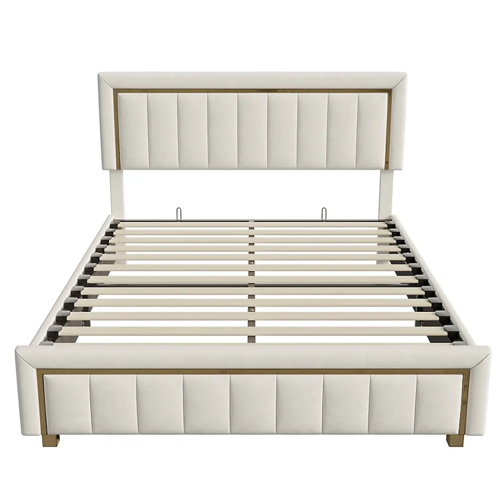 Lit 140x200 cm avec coffre de rangement, tête de lit, sommier à lattes, velours beige, pour ados et adultes>ProximaX Clearance