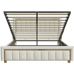 Lit 140x200 cm avec coffre de rangement, tête de lit, sommier à lattes, velours beige, pour ados et adultes><noscript><img width=