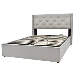 Redom Lit 160x200 cm avec coffre de rangement et tête rembourrée en coton gris clair, cadre bois massif* Lit Avec Rangement