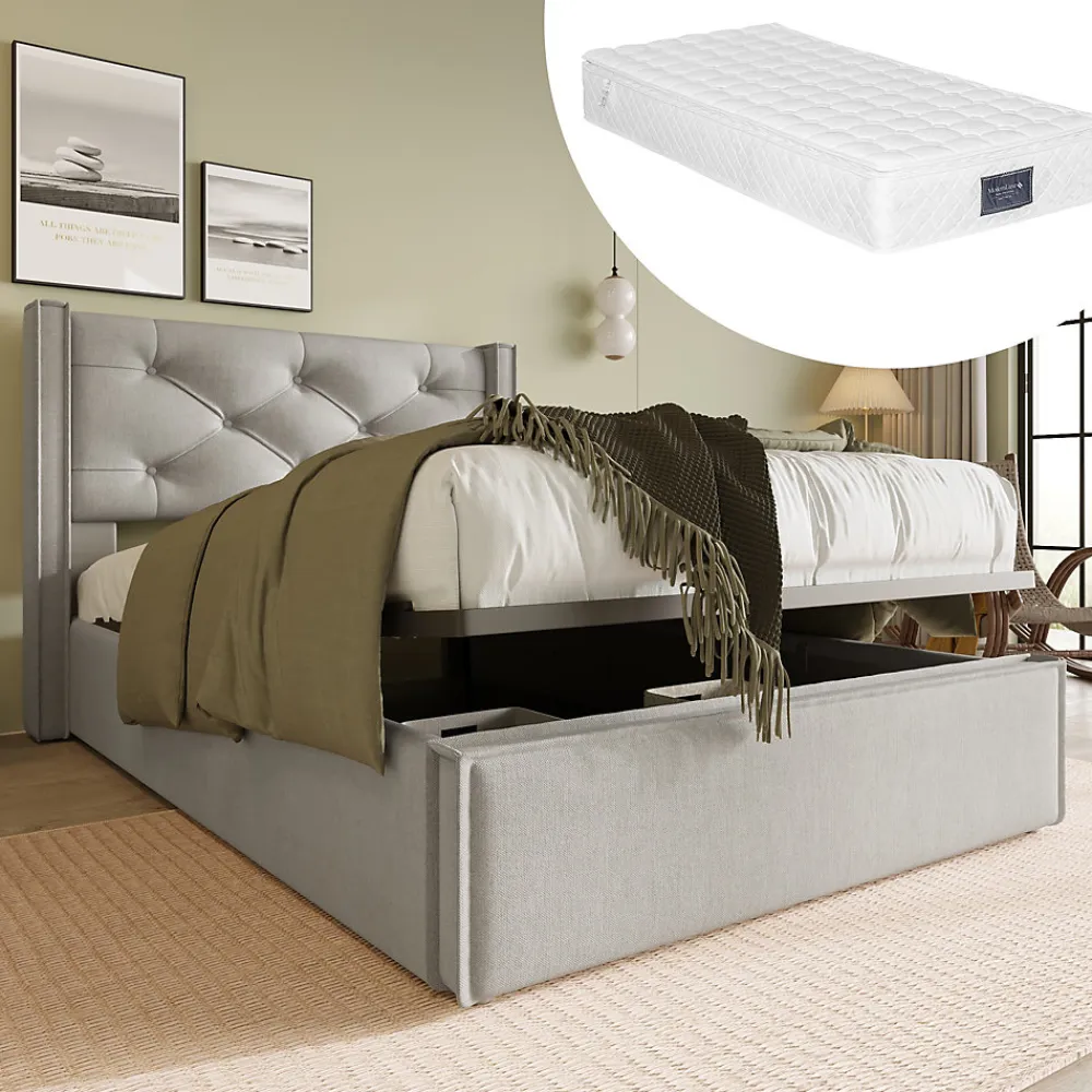Lit 90x200 cm avec coffre de rangement, tête de lit matelassée en coton gris clair et sommier à lattes>Redom New