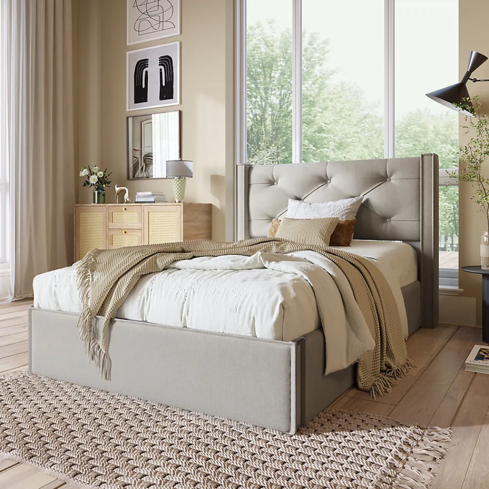 Lit 90x200 cm avec coffre de rangement, tête de lit matelassée en coton gris clair et sommier à lattes>Redom New