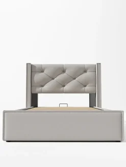 Lit 90x200 cm avec coffre de rangement, tête de lit matelassée en coton gris clair et sommier à lattes><noscript><img width=