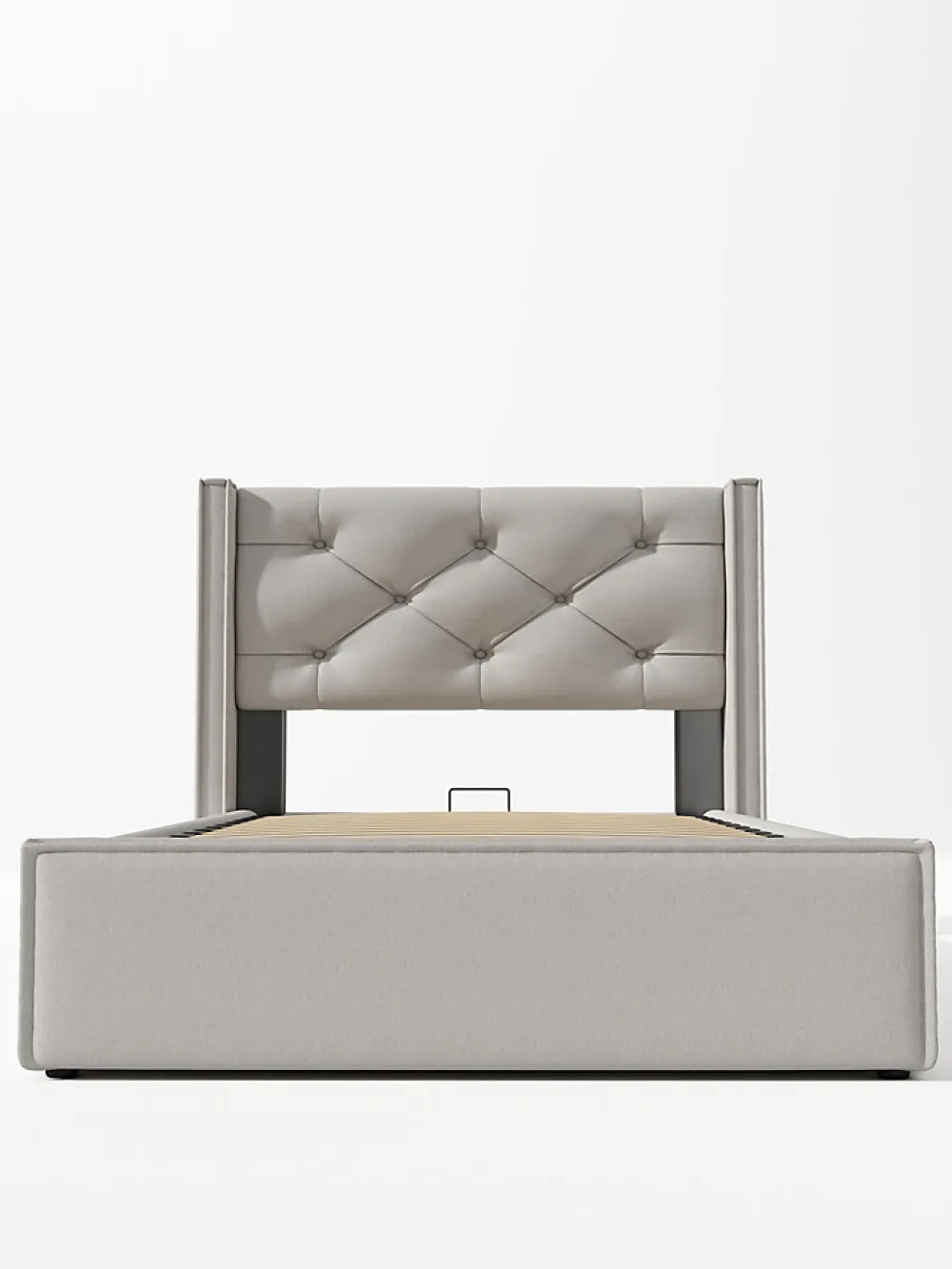 Lit 90x200 cm avec coffre de rangement, tête de lit matelassée en coton gris clair et sommier à lattes>Redom New