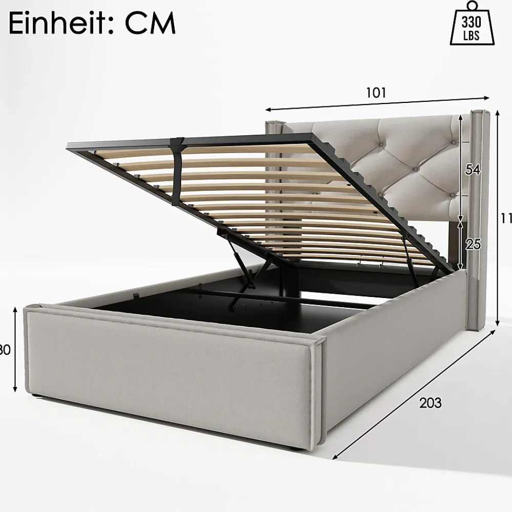 Lit 90x200 cm avec coffre de rangement, tête de lit matelassée en coton gris clair et sommier à lattes>Redom New