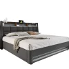 Lit 180x200 cm avec coffre de rangement et sommier relevable, tête de lit tapissée lin gris et LED>Redom New
