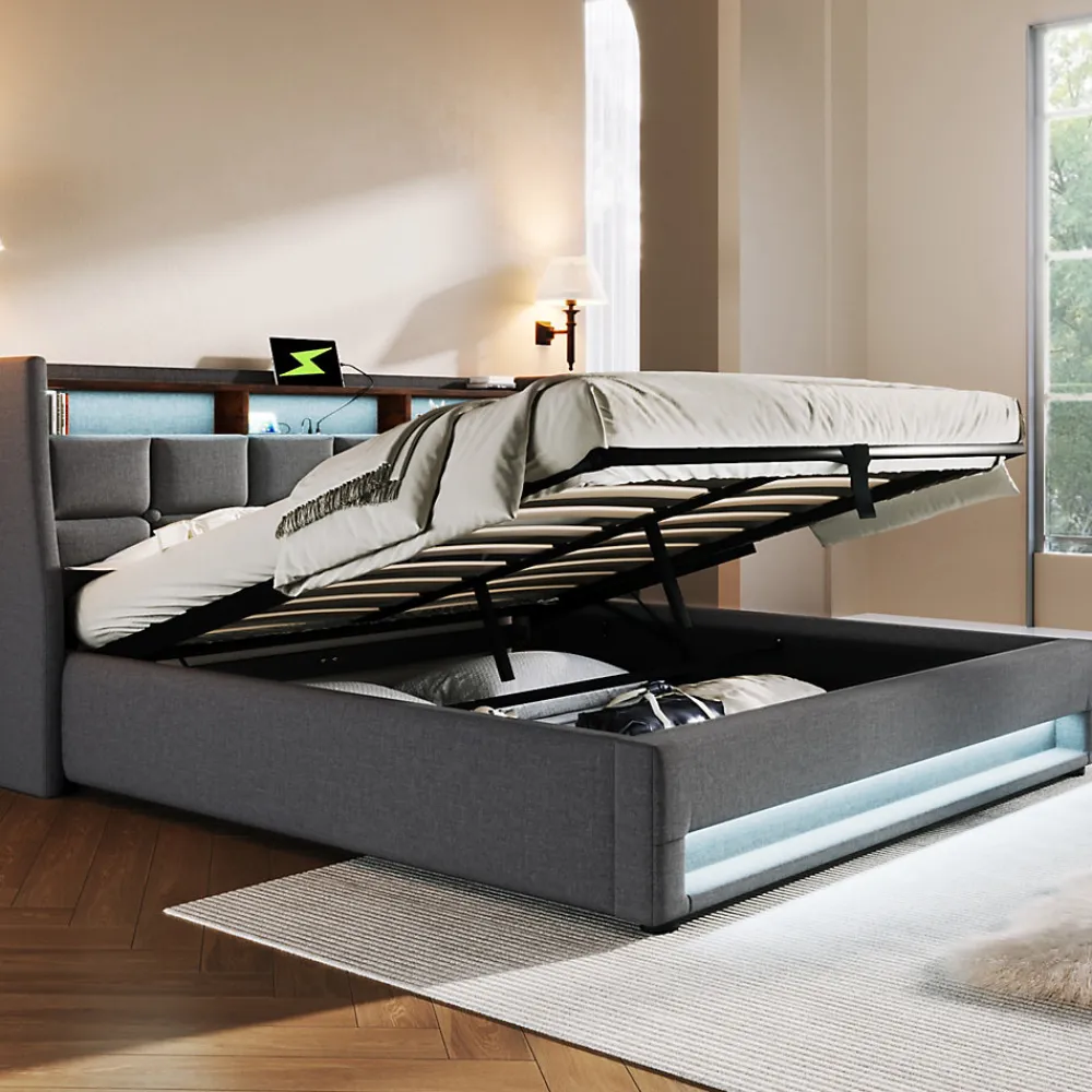 Lit 180x200 cm avec coffre de rangement et sommier relevable, tête de lit tapissée lin gris et LED>Redom New