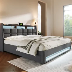 Lit 180x200 cm avec coffre de rangement et sommier relevable, tête de lit tapissée lin gris et LED><noscript><img width=