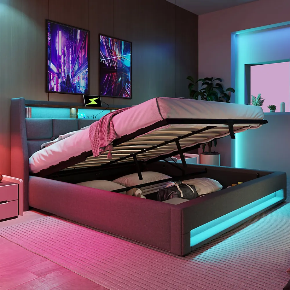 Lit 180x200 cm avec coffre de rangement et sommier relevable, tête de lit tapissée lin gris et LED>Redom New