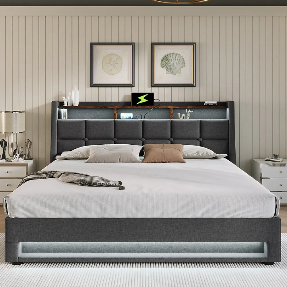 Lit 180x200 cm avec coffre de rangement et sommier relevable, tête de lit tapissée lin gris et LED>Redom New