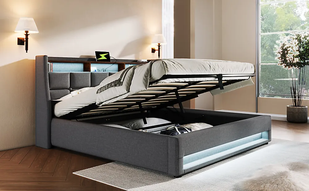 Lit 180x200 cm avec coffre de rangement et sommier relevable, tête de lit tapissée lin gris et LED>Redom New