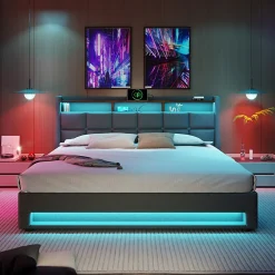 Lit 180x200 cm avec coffre de rangement et sommier relevable, tête de lit tapissée lin gris et LED><noscript><img width=