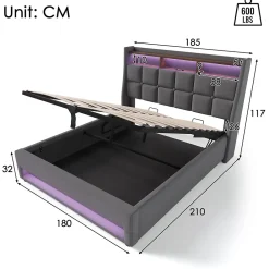 Lit 180x200 cm avec coffre de rangement et sommier relevable, tête de lit tapissée lin gris et LED><noscript><img width=
