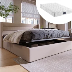 Redom Lit 140x200 cm avec coffre de rangement hydraulique et tête de lit capitonnée en lin beige, design moderne* Lit Avec Rangement