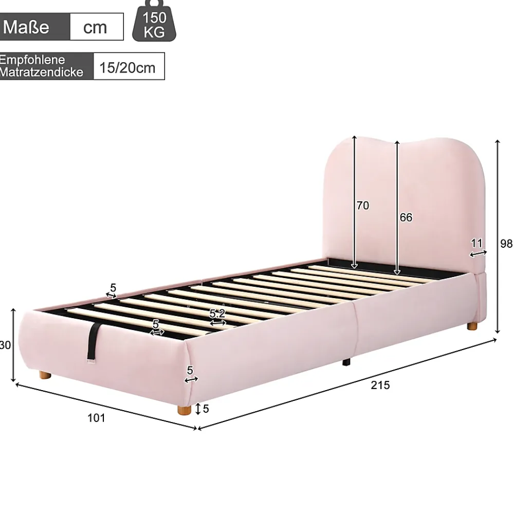 Redom Lit 90x200 cm avec coffre de rangement, tête de lit matelassée 11 cm en velours rose, cadre sécurisé enfant* Lit Avec Rangement