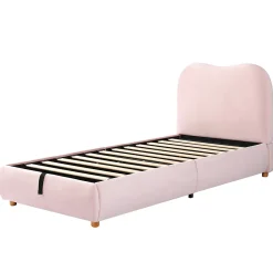 Redom Lit 90x200 cm avec coffre de rangement, tête de lit matelassée 11 cm en velours rose, cadre sécurisé enfant* Lit Avec Rangement