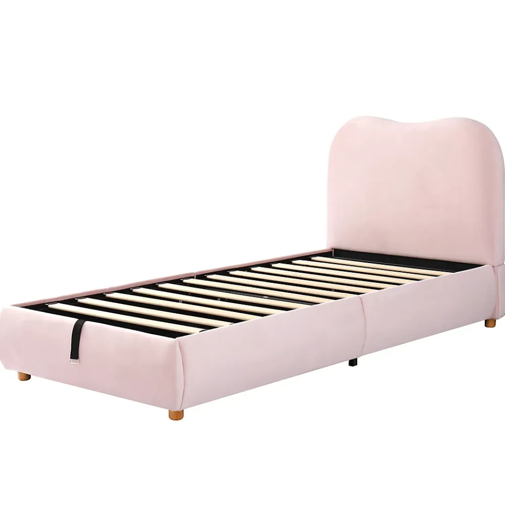 Redom Lit 90x200 cm avec coffre de rangement, tête de lit matelassée 11 cm en velours rose, cadre sécurisé enfant* Lit Avec Rangement