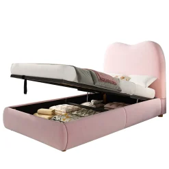 Redom Lit 90x200 cm avec coffre de rangement, tête de lit matelassée 11 cm en velours rose, cadre sécurisé enfant* Lit Avec Rangement