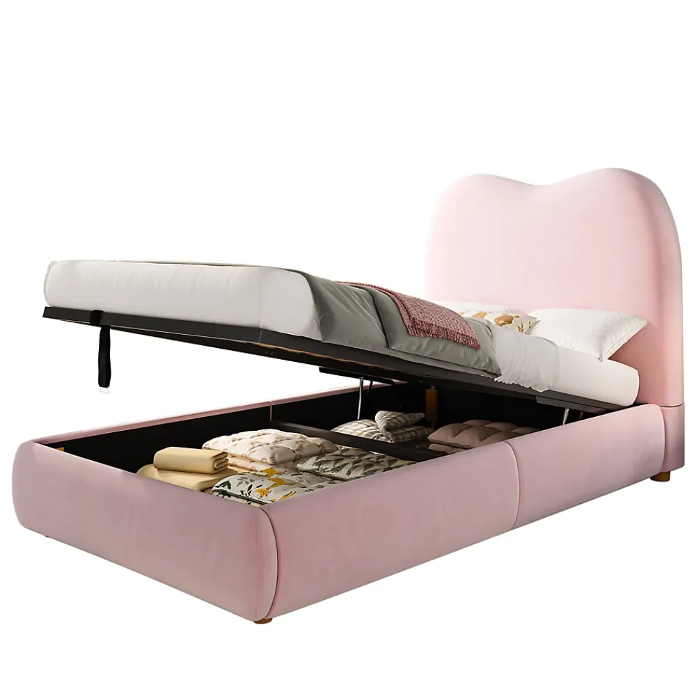 Redom Lit 90x200 cm avec coffre de rangement, tête de lit matelassée 11 cm en velours rose, cadre sécurisé enfant* Lit Avec Rangement