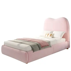 Redom Lit 90x200 cm avec coffre de rangement, tête de lit matelassée 11 cm en velours rose, cadre sécurisé enfant* Lit Avec Rangement