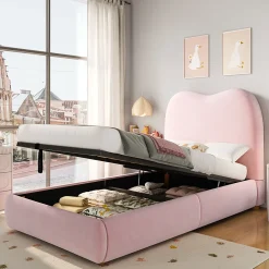 Redom Lit 90x200 cm avec coffre de rangement, tête de lit matelassée 11 cm en velours rose, cadre sécurisé enfant* Lit Avec Rangement