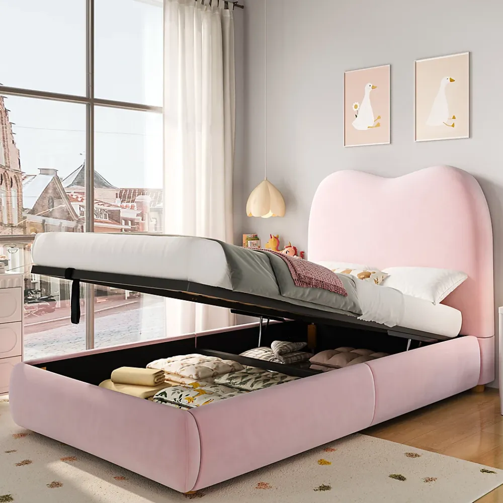 Redom Lit 90x200 cm avec coffre de rangement, tête de lit matelassée 11 cm en velours rose, cadre sécurisé enfant* Lit Avec Rangement