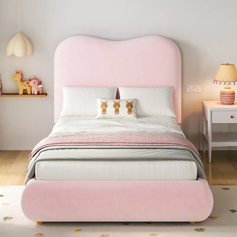 Redom Lit 90x200 cm avec coffre de rangement, tête de lit matelassée 11 cm en velours rose, cadre sécurisé enfant* Lit Avec Rangement