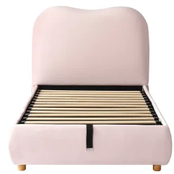 Redom Lit 90x200 cm avec coffre de rangement, tête de lit matelassée 11 cm en velours rose, cadre sécurisé enfant* Lit Avec Rangement
