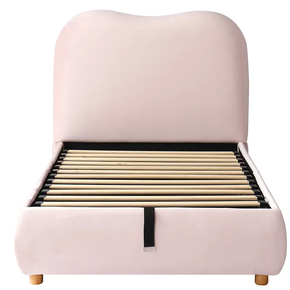 Redom Lit 90x200 cm avec coffre de rangement, tête de lit matelassée 11 cm en velours rose, cadre sécurisé enfant* Lit Avec Rangement