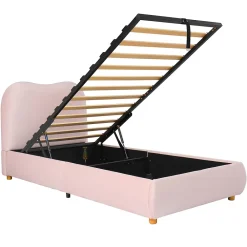 Redom Lit 90x200 cm avec coffre de rangement, tête de lit matelassée 11 cm en velours rose, cadre sécurisé enfant* Lit Avec Rangement