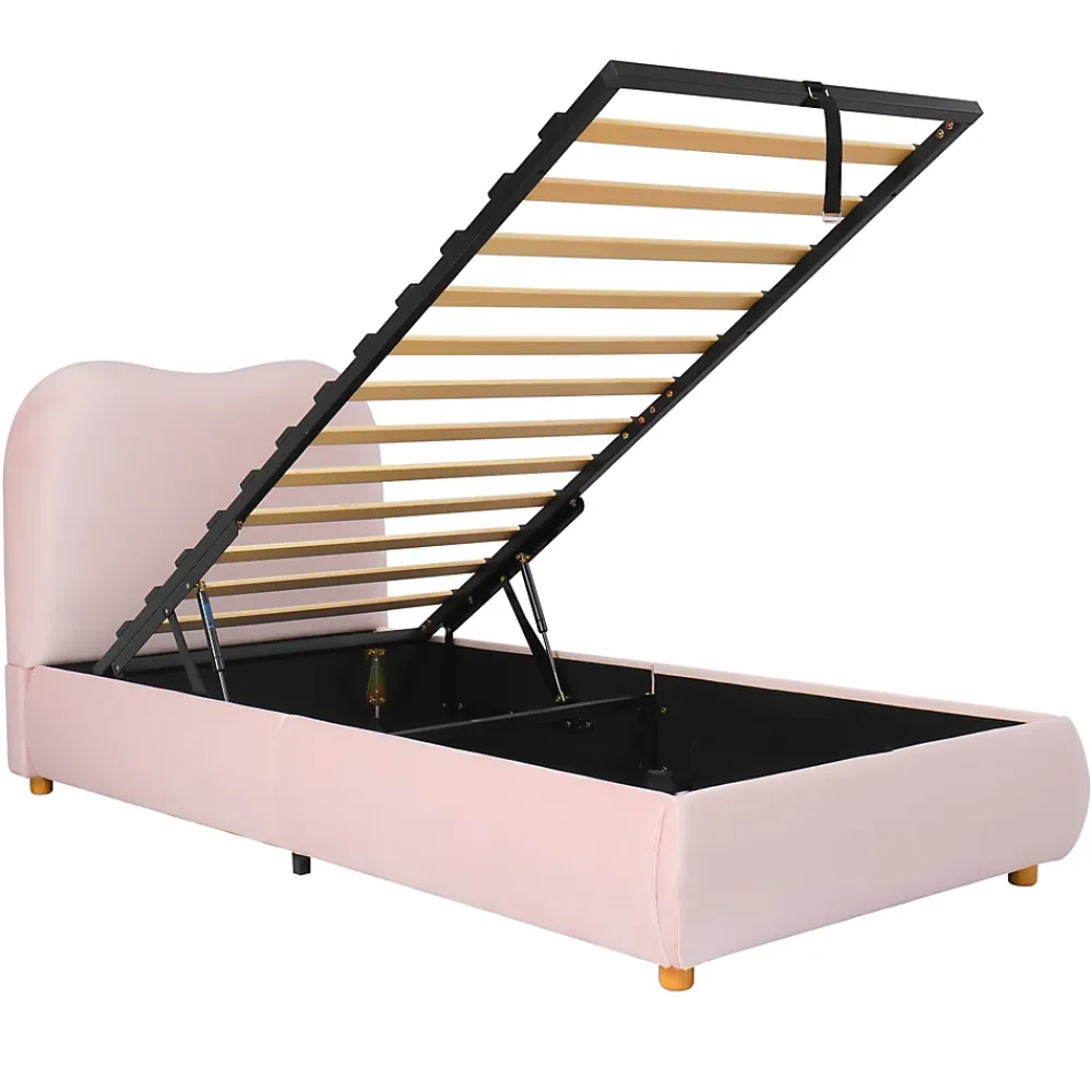 Redom Lit 90x200 cm avec coffre de rangement, tête de lit matelassée 11 cm en velours rose, cadre sécurisé enfant* Lit Avec Rangement