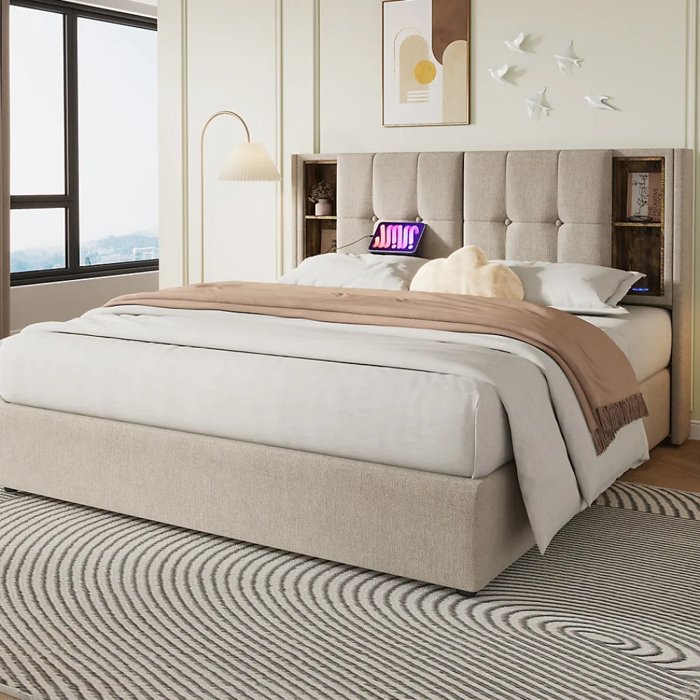 Lit 180x200 cm avec coffre et sommier relevable, tête de lit à niches tapissée lin naturel, style moderne>Redom Sale