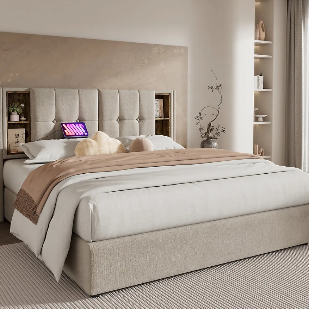 Lit 180x200 cm avec coffre et sommier relevable, tête de lit à niches tapissée lin naturel, style moderne>Redom Sale