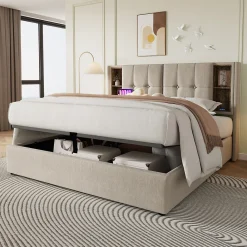 Lit 180x200 cm avec coffre et sommier relevable, tête de lit à niches tapissée lin naturel, style moderne><noscript><img width=