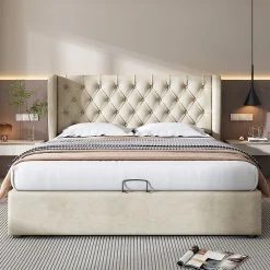 Lit 160x200 cm avec coffre et tête de lit haute capitonnée style Chesterfield en velours beige, cadre solide>Redom Best